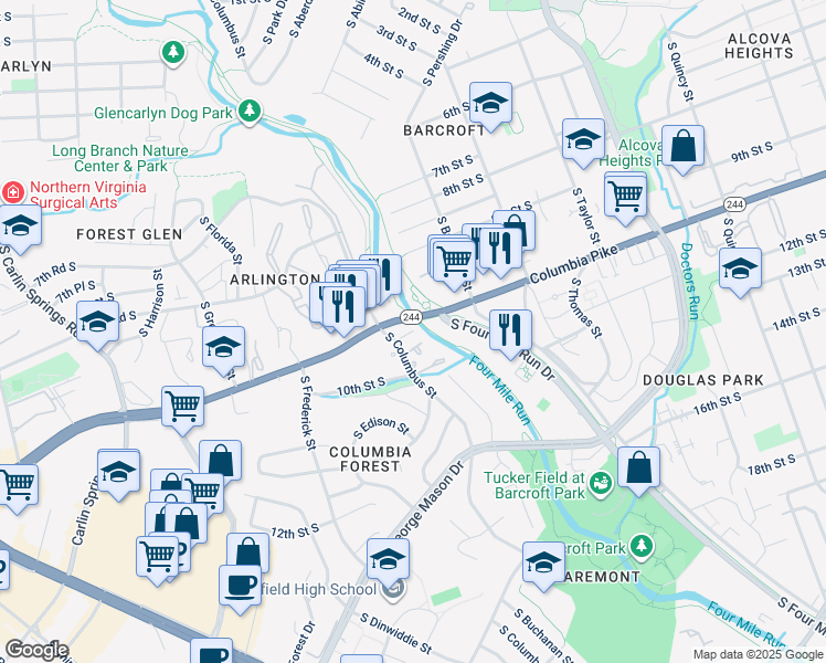 map of restaurants, bars, coffee shops, grocery stores, and more near 4887 10th Street South in Arlington