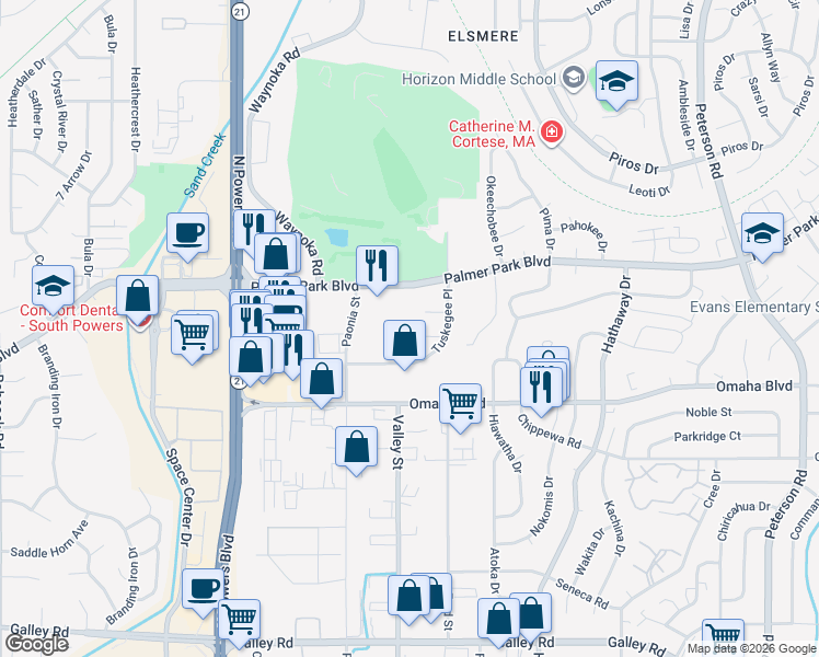 map of restaurants, bars, coffee shops, grocery stores, and more near in Colorado Springs