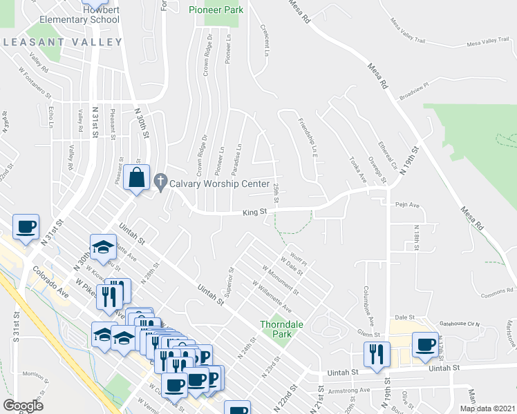 map of restaurants, bars, coffee shops, grocery stores, and more near 2520 King Street in Colorado Springs
