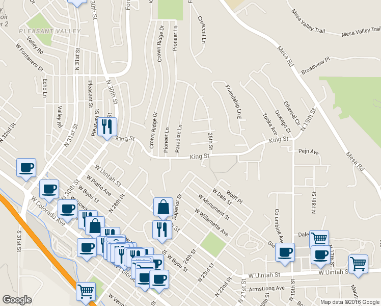 map of restaurants, bars, coffee shops, grocery stores, and more near 611 Paradise Lane in Colorado Springs