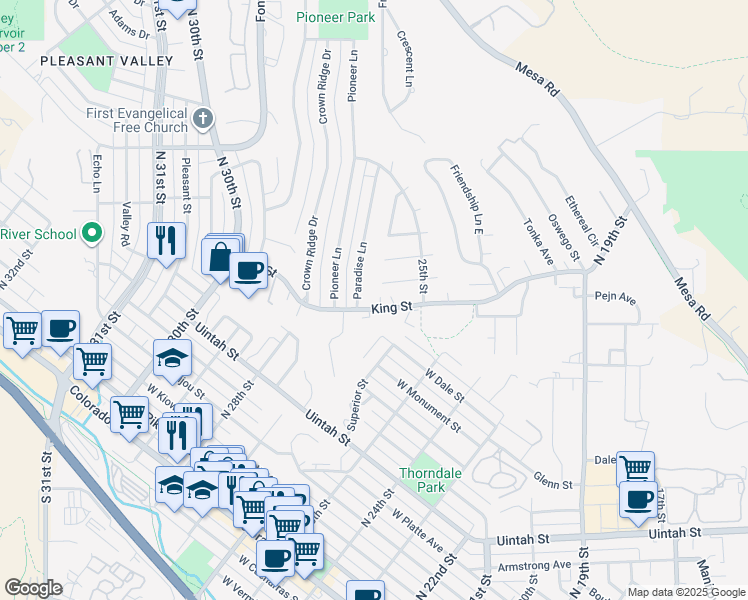 map of restaurants, bars, coffee shops, grocery stores, and more near 611 Paradise Lane in Colorado Springs