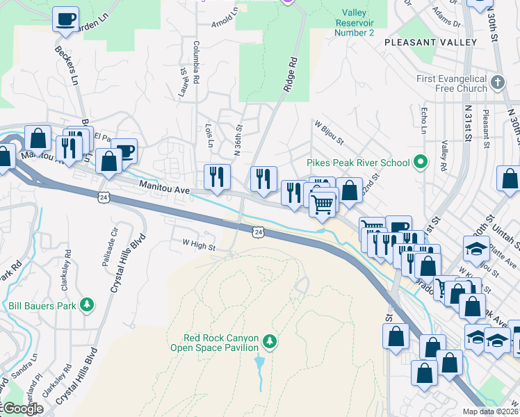map of restaurants, bars, coffee shops, grocery stores, and more near 3521 Colorado Avenue in Colorado Springs