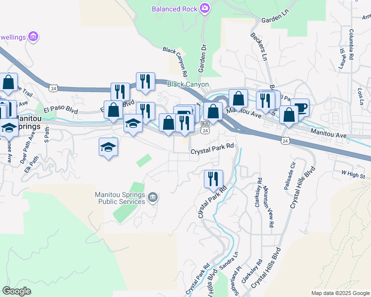 map of restaurants, bars, coffee shops, grocery stores, and more near 11 Oak Place in Manitou Springs