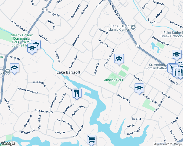 map of restaurants, bars, coffee shops, grocery stores, and more near 3324 Military Drive in Falls Church