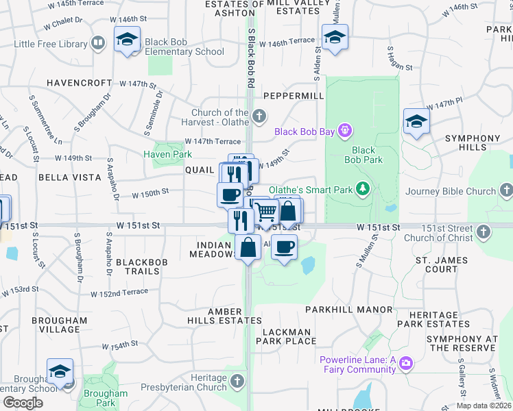 map of restaurants, bars, coffee shops, grocery stores, and more near 15029 West 150th Terrace in Olathe