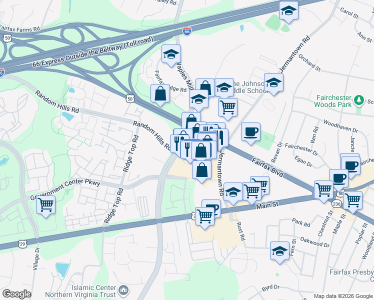 map of restaurants, bars, coffee shops, grocery stores, and more near 11220 James Swart Circle in Fairfax