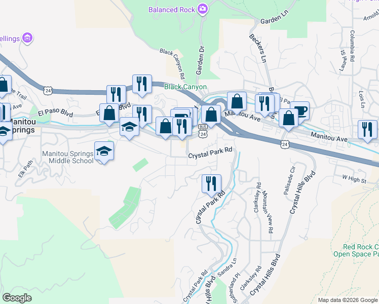 map of restaurants, bars, coffee shops, grocery stores, and more near 55 Crystal Park Road in Manitou Springs