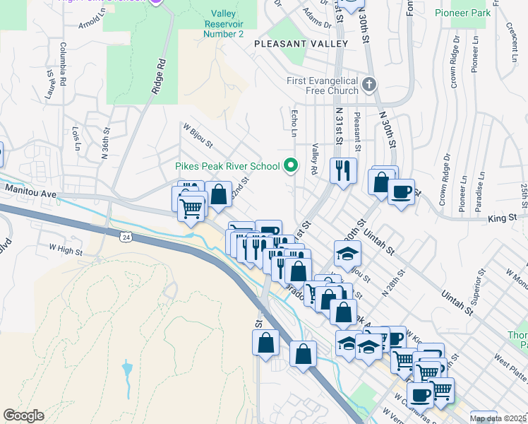 map of restaurants, bars, coffee shops, grocery stores, and more near 3150 West Kiowa Street in Colorado Springs