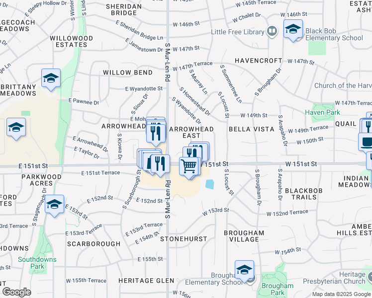 map of restaurants, bars, coffee shops, grocery stores, and more near 16504 West 150th Terrace in Olathe
