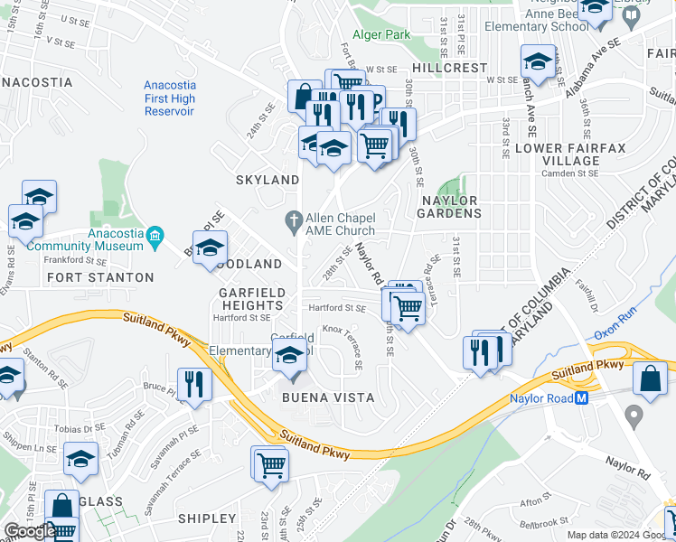 map of restaurants, bars, coffee shops, grocery stores, and more near 2814 28th Street Southeast in Washington