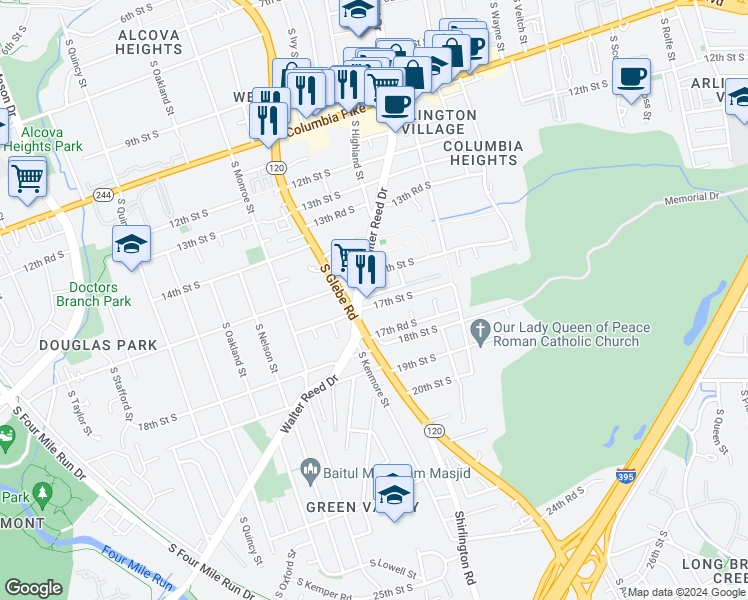 map of restaurants, bars, coffee shops, grocery stores, and more near 3123 17th Street South in Arlington