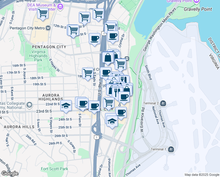 map of restaurants, bars, coffee shops, grocery stores, and more near 2051 South Bell Street in Arlington