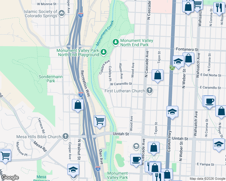 map of restaurants, bars, coffee shops, grocery stores, and more near 1517 Culebra Place in Colorado Springs