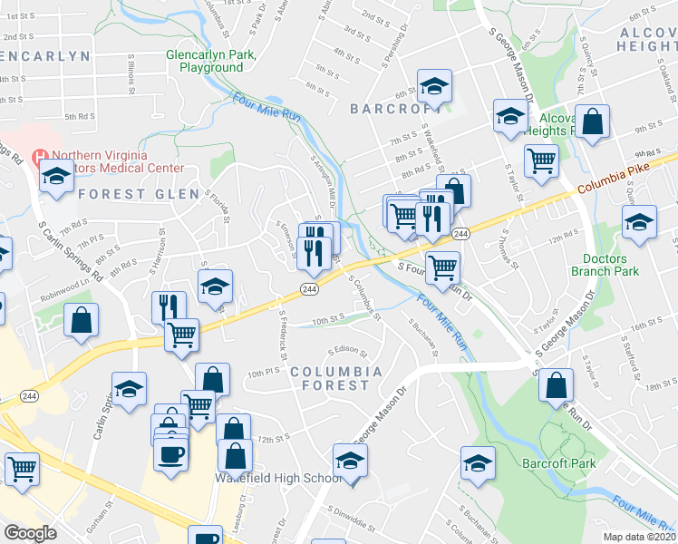 map of restaurants, bars, coffee shops, grocery stores, and more near 5005 Columbia Pike in Arlington