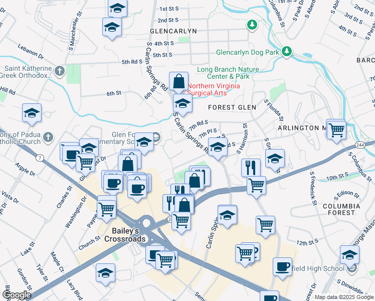 map of restaurants, bars, coffee shops, grocery stores, and more near 3231 Spring Lane in Falls Church