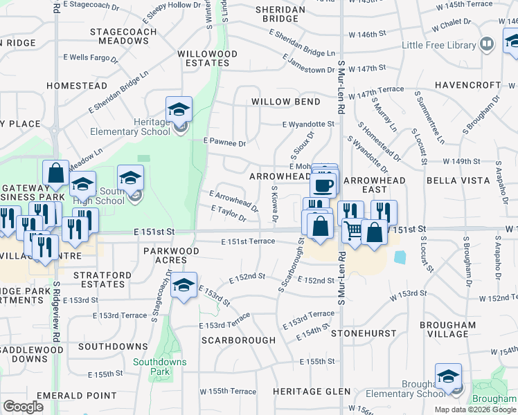 map of restaurants, bars, coffee shops, grocery stores, and more near 1635 South Kenwood Street in Olathe