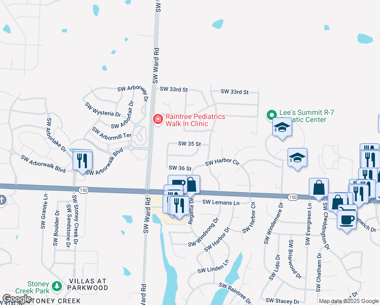 map of restaurants, bars, coffee shops, grocery stores, and more near 822 Southwest 35th Terrace in Lee's Summit