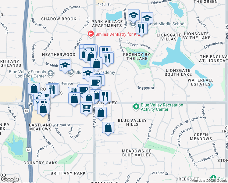 map of restaurants, bars, coffee shops, grocery stores, and more near 6702 West 150th Street in Overland Park