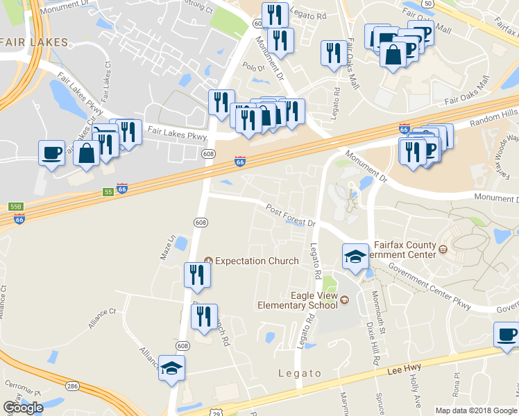 map of restaurants, bars, coffee shops, grocery stores, and more near 12260 Water Elm Lane in Fairfax