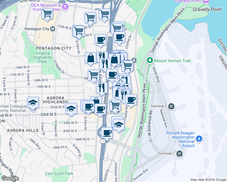 map of restaurants, bars, coffee shops, grocery stores, and more near 2050 South Bell Street in Arlington