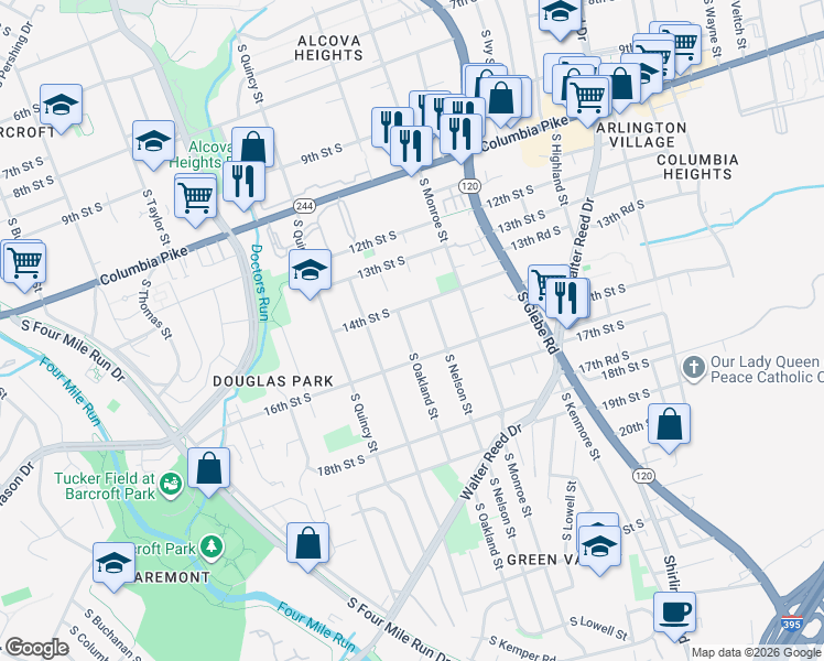 map of restaurants, bars, coffee shops, grocery stores, and more near 1503 South Oakland Street in Arlington