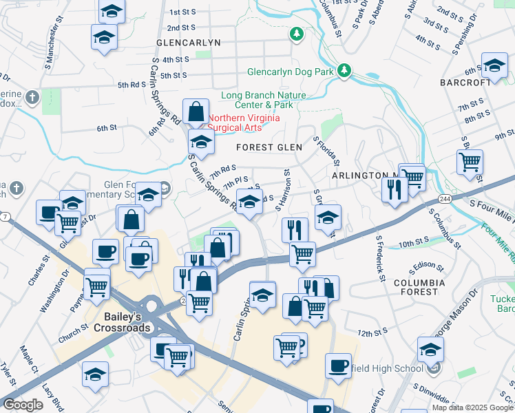 map of restaurants, bars, coffee shops, grocery stores, and more near 5432 8th Road South in Arlington