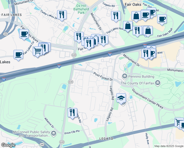 map of restaurants, bars, coffee shops, grocery stores, and more near 12260 Water Elm Lane in Fairfax