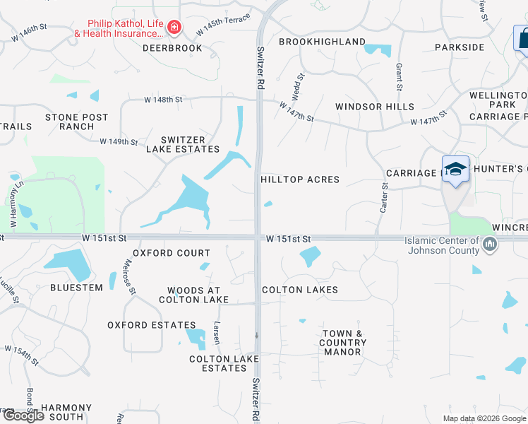 map of restaurants, bars, coffee shops, grocery stores, and more near 15045 Switzer Road in Overland Park