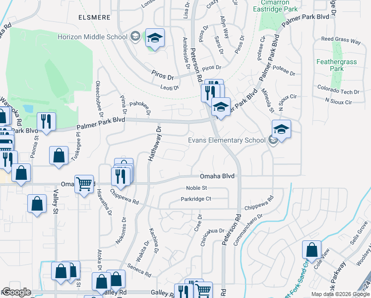 map of restaurants, bars, coffee shops, grocery stores, and more near 6735 Nokomis Circle in Colorado Springs