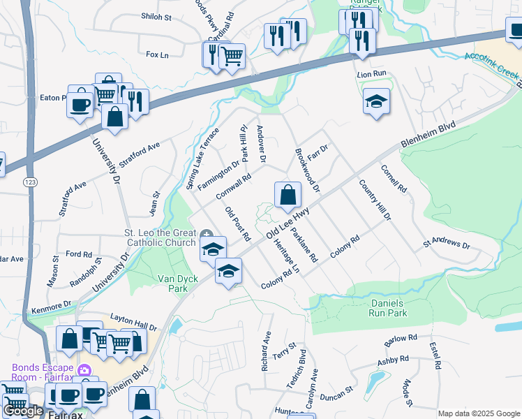 map of restaurants, bars, coffee shops, grocery stores, and more near 3610 Old Lee Highway in Fairfax
