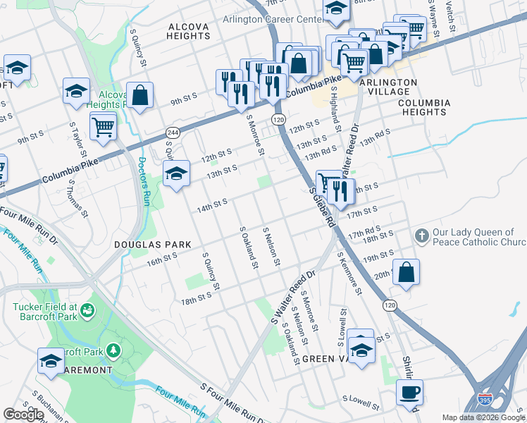 map of restaurants, bars, coffee shops, grocery stores, and more near 1505 South Nelson Street in Arlington