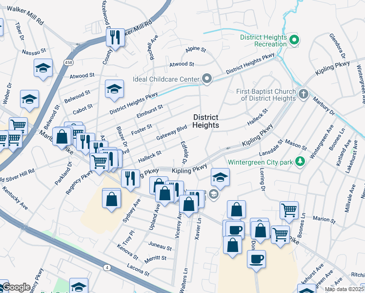 map of restaurants, bars, coffee shops, grocery stores, and more near 6615 Halleck Street in District Heights