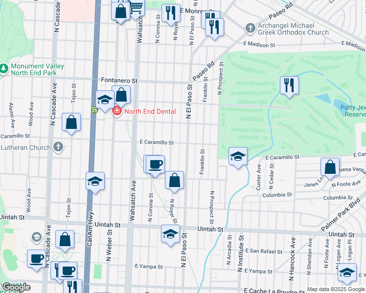 map of restaurants, bars, coffee shops, grocery stores, and more near 1532 North El Paso Street in Colorado Springs