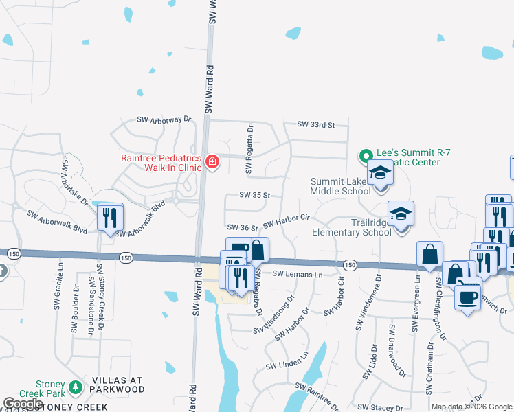 map of restaurants, bars, coffee shops, grocery stores, and more near 822 Southwest 35th Terrace in Lee's Summit