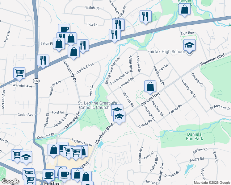 map of restaurants, bars, coffee shops, grocery stores, and more near 3500 Spring Lake Terrace in Fairfax