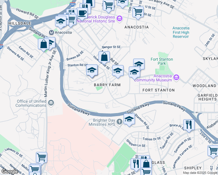 map of restaurants, bars, coffee shops, grocery stores, and more near 2920 Stanton Road Southeast in Washington