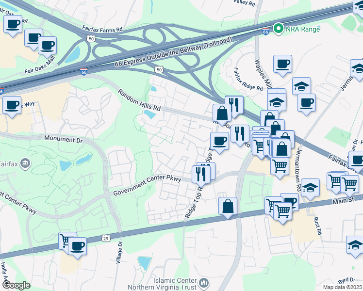 map of restaurants, bars, coffee shops, grocery stores, and more near 11481 Carriage Gate Court in Fairfax