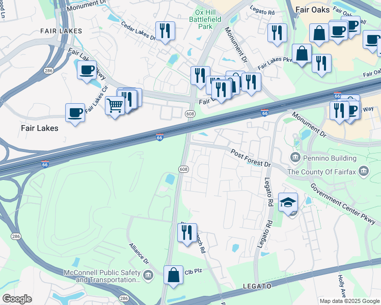 map of restaurants, bars, coffee shops, grocery stores, and more near 4580 West Ox Road in Fairfax