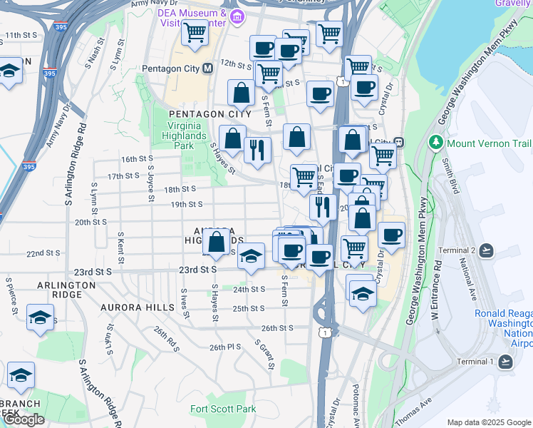 map of restaurants, bars, coffee shops, grocery stores, and more near 615 20th Street South in Arlington