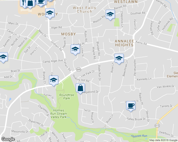 map of restaurants, bars, coffee shops, grocery stores, and more near 7014 Lee Park Court in Falls Church