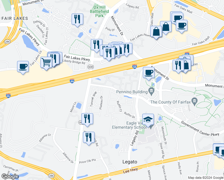map of restaurants, bars, coffee shops, grocery stores, and more near 12262 Water Elm Lane in Fairfax