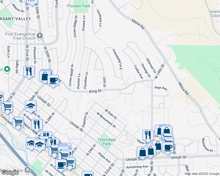 map of restaurants, bars, coffee shops, grocery stores, and more near 2430 King Street in Colorado Springs