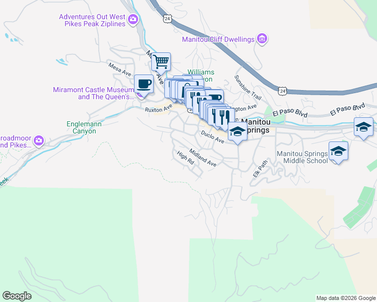 map of restaurants, bars, coffee shops, grocery stores, and more near 935 Midland Ave in Manitou Springs