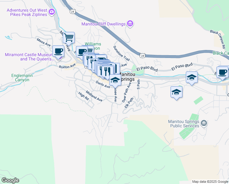 map of restaurants, bars, coffee shops, grocery stores, and more near 110 Pawnee Ave in Manitou Springs