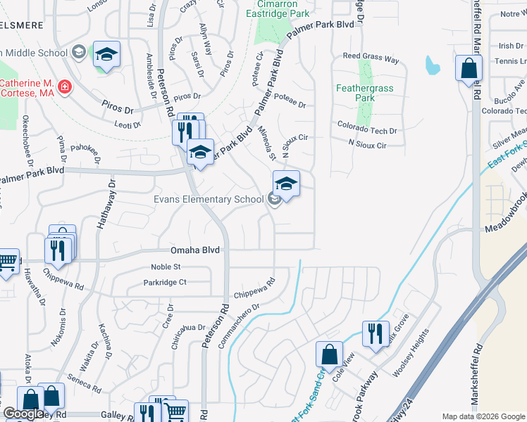 map of restaurants, bars, coffee shops, grocery stores, and more near 1660 Winnebago Road in Colorado Springs
