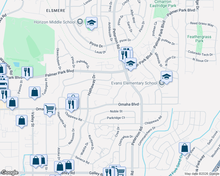 map of restaurants, bars, coffee shops, grocery stores, and more near 6735 Nokomis Circle in Colorado Springs