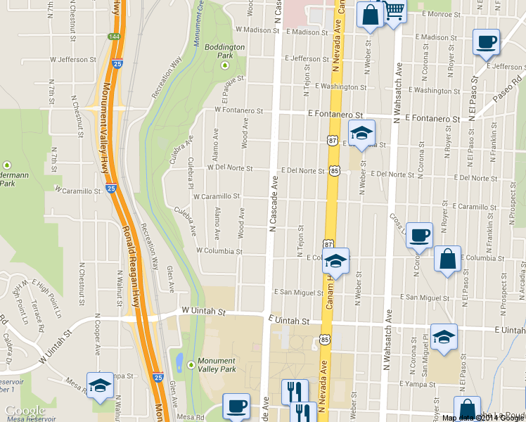 map of restaurants, bars, coffee shops, grocery stores, and more near 1524 North Cascade Avenue in Colorado Springs