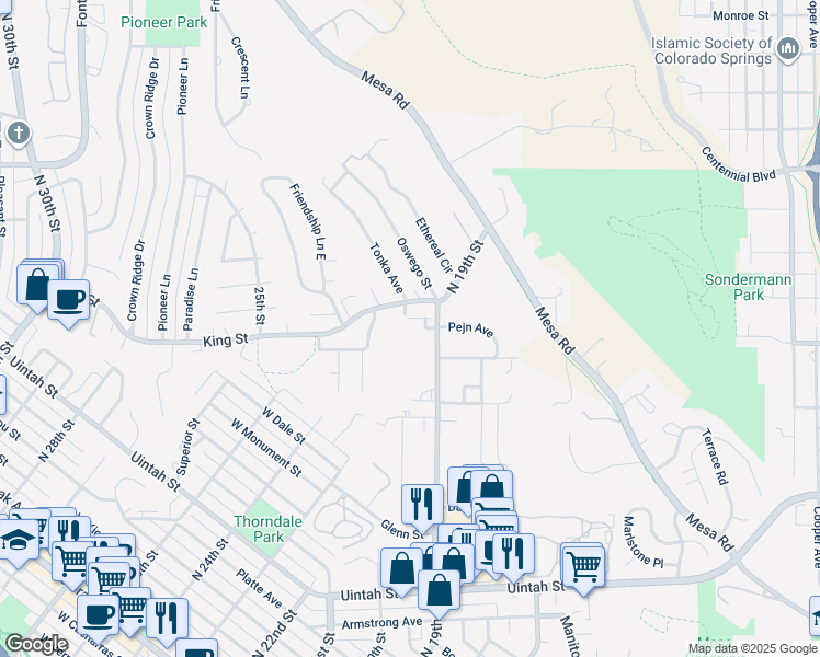 map of restaurants, bars, coffee shops, grocery stores, and more near in Colorado Springs