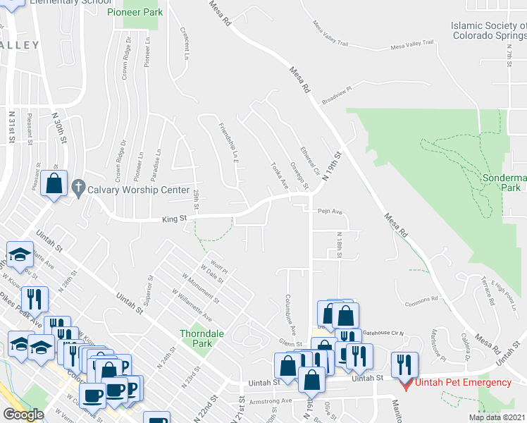 map of restaurants, bars, coffee shops, grocery stores, and more near 2125 King Street in Colorado Springs