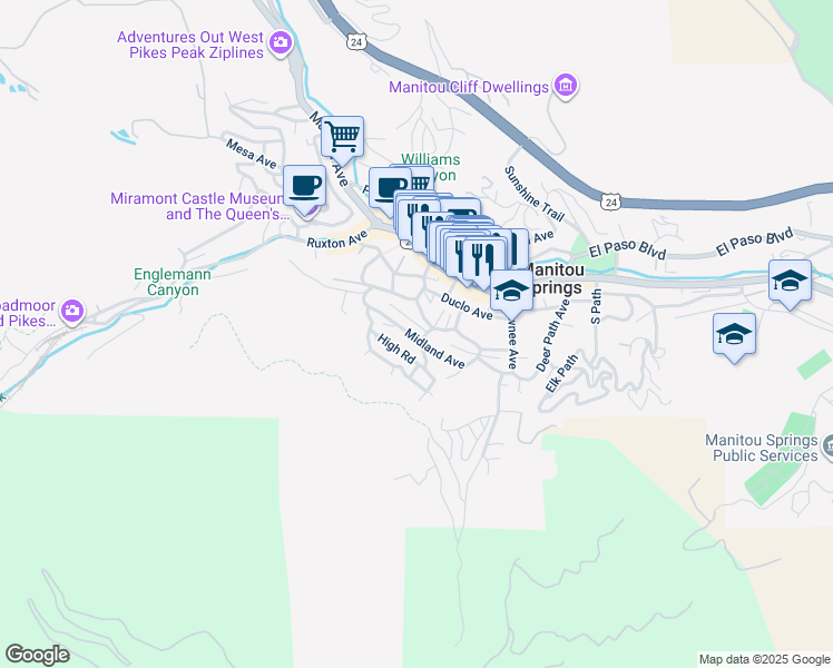 map of restaurants, bars, coffee shops, grocery stores, and more near 202 Roca Street in Manitou Springs